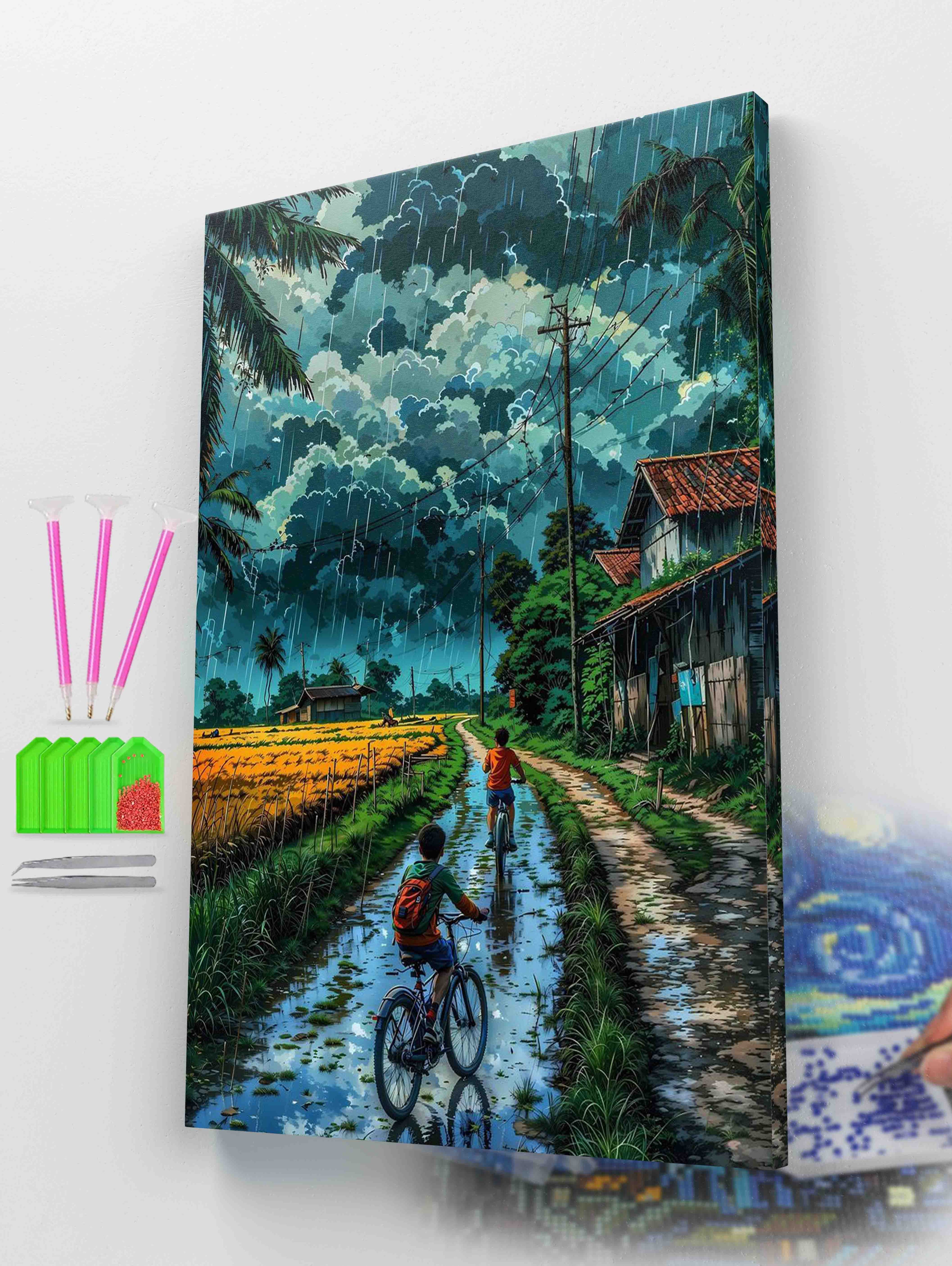 Rainy Day Bicycle Ride Diamond Painting Kit