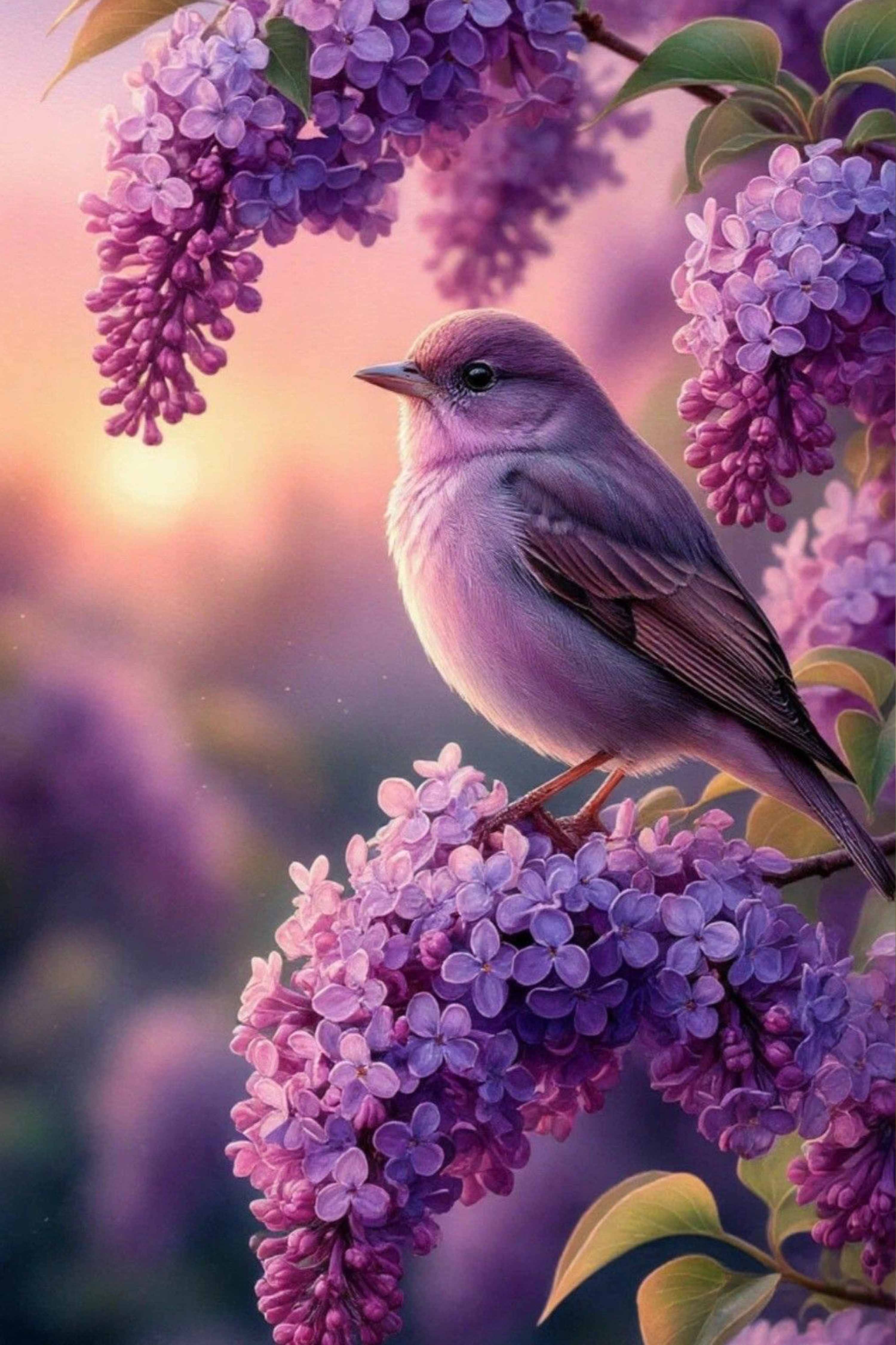 Bird on Lilac Flowers Diamond Painting Kit